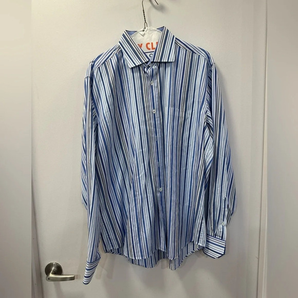 Bugatchi Men’s XL LS Dress Classic Fit Shirt - 100% cotton Blue/White Stripped - Picture 1 of 10